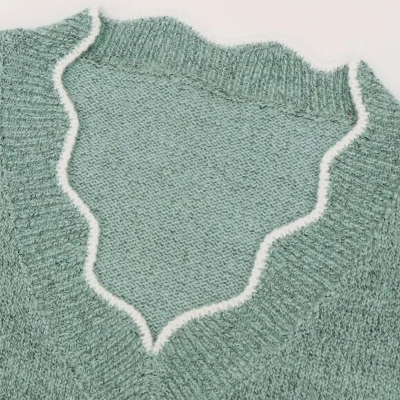 Women's Plus Color Block Long Sleeve V Neck Floral Trim Casual Sweater - Picture 3 of 6